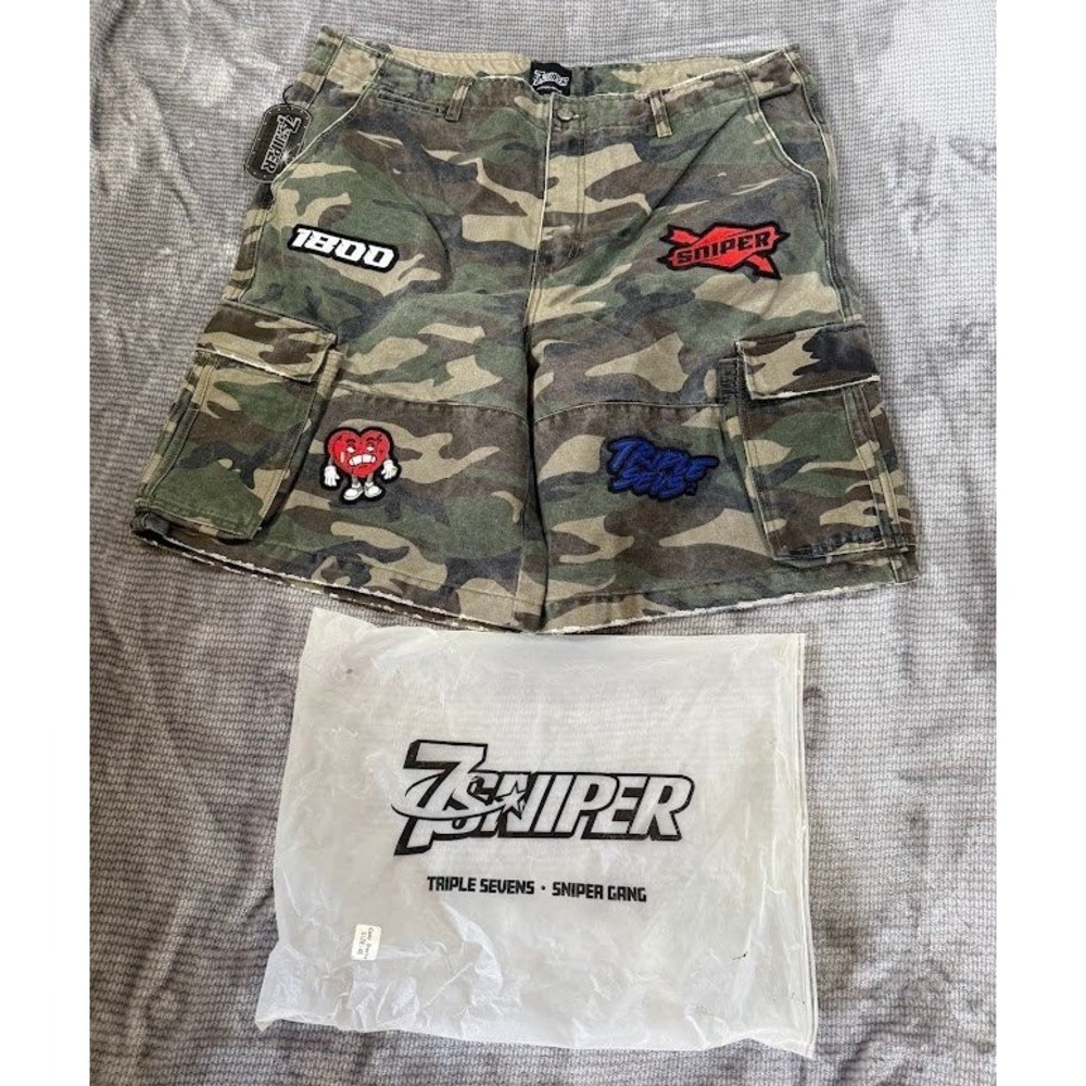 Sniper Gang Triple Sevens Camo Cargo Shorts 40x10 Green Camouflage Patches NEW
